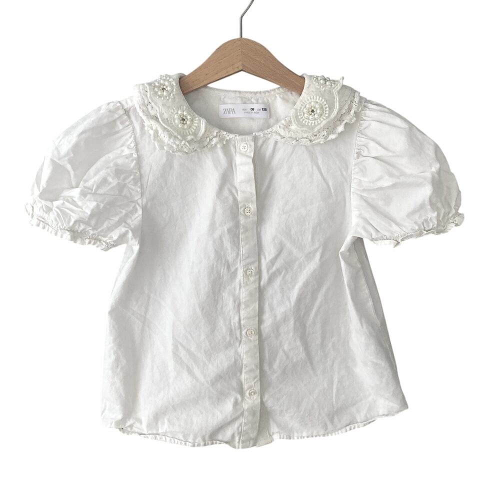 Zara Girls Beaded Lace Collar Button Front Puff Sleeve Blouse - White - 8